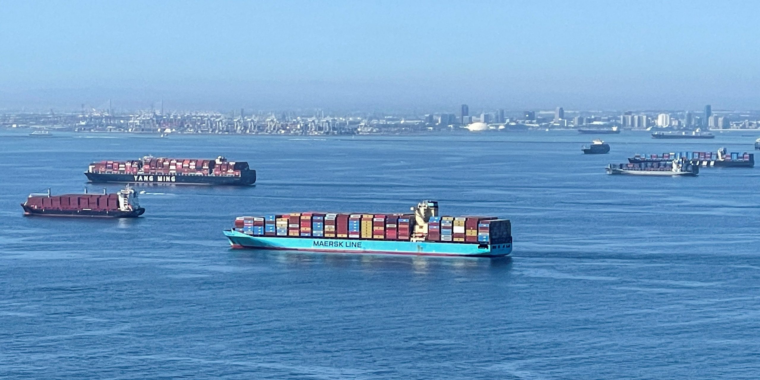 Container ships at the backlogged Port of Los Angeles in October 2021.