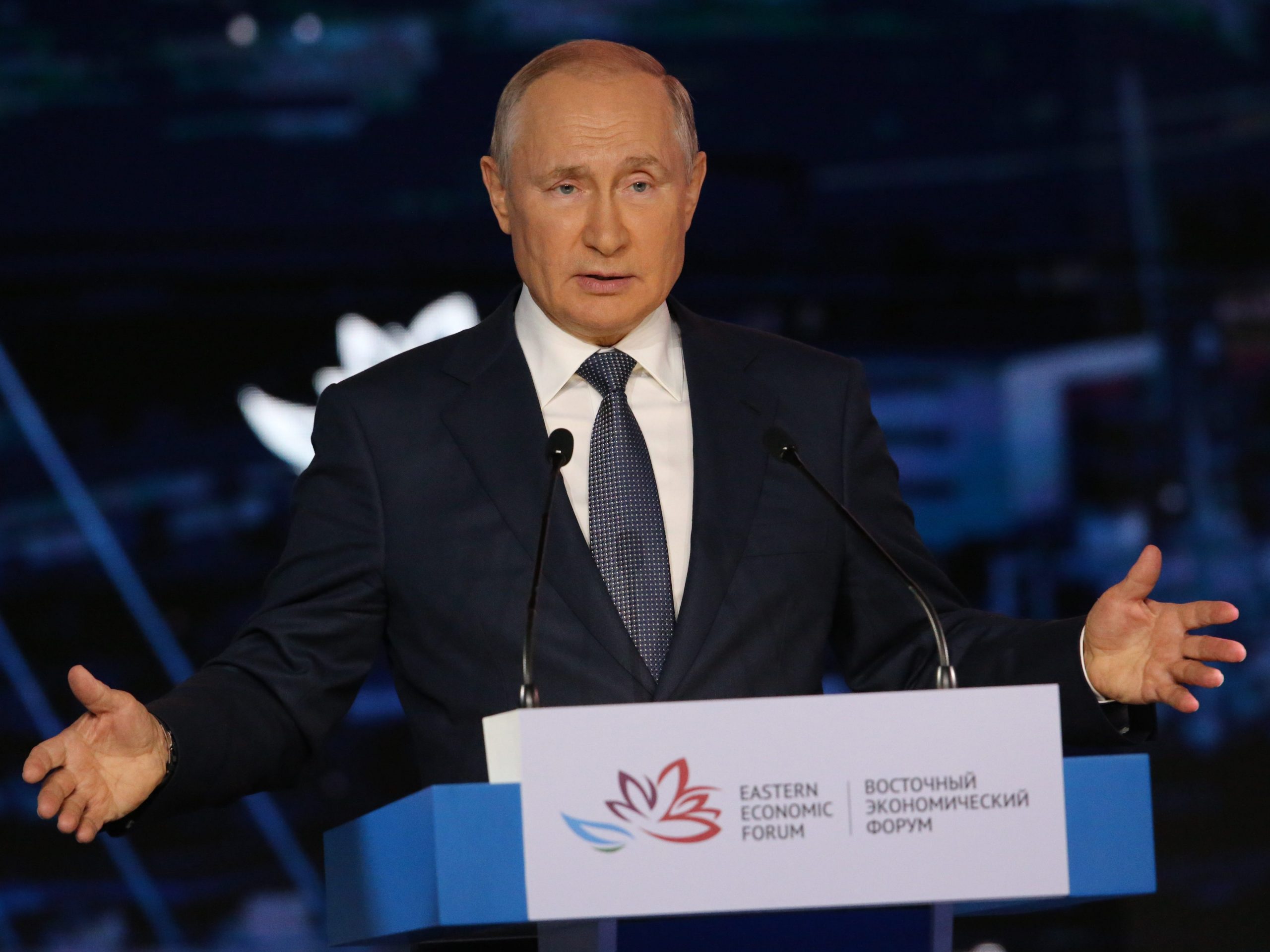 Russian President Vladimir Putin speaks at a plenary session during the Eastern Economic Forum at Far Eastern Federal University on September 3, 2021 in Vladivostok, Russia.