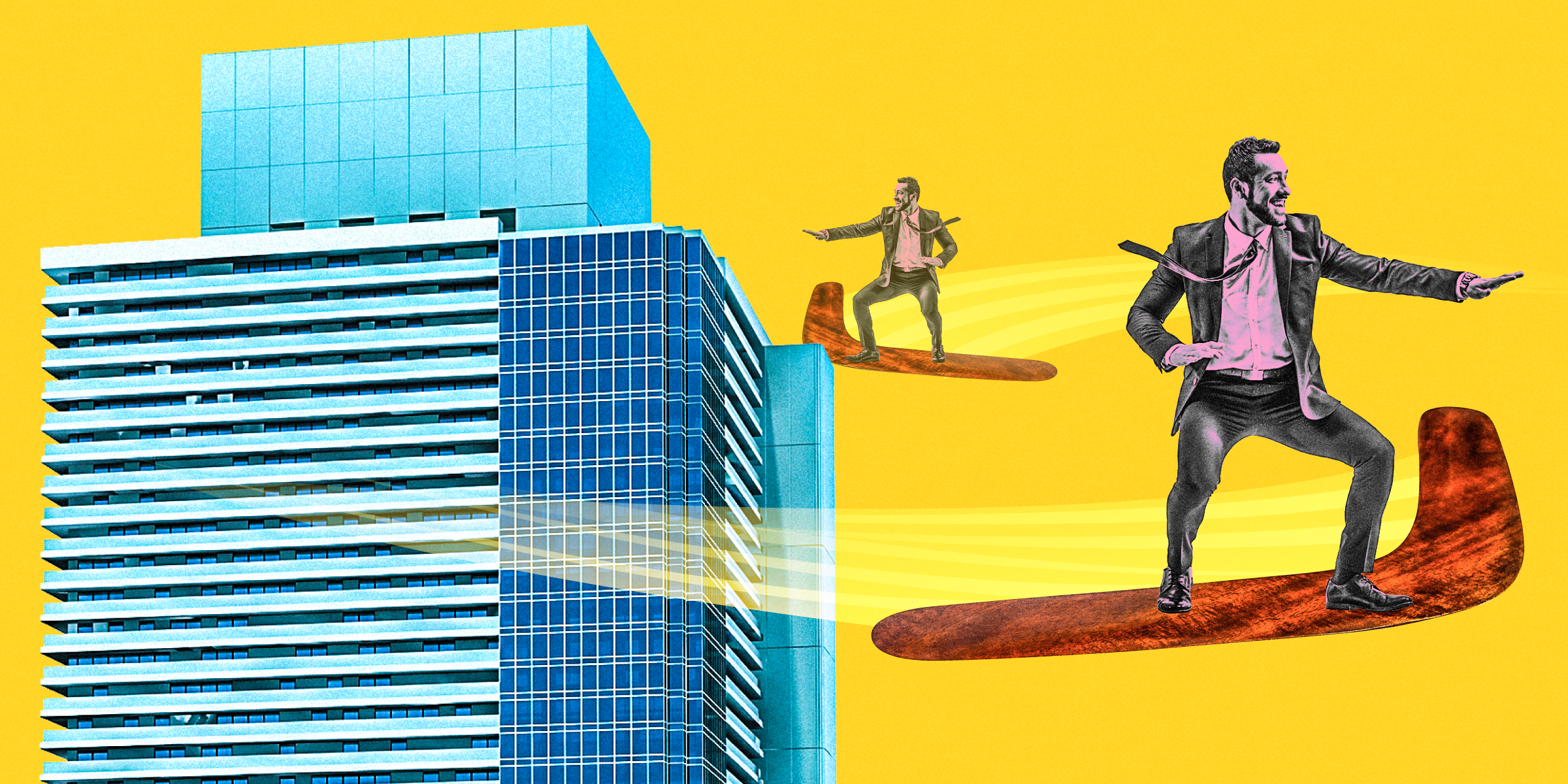A man on a boomerang flying away from a corporate office building. The same man is flying back to the corporate office building. The background color is yellow.