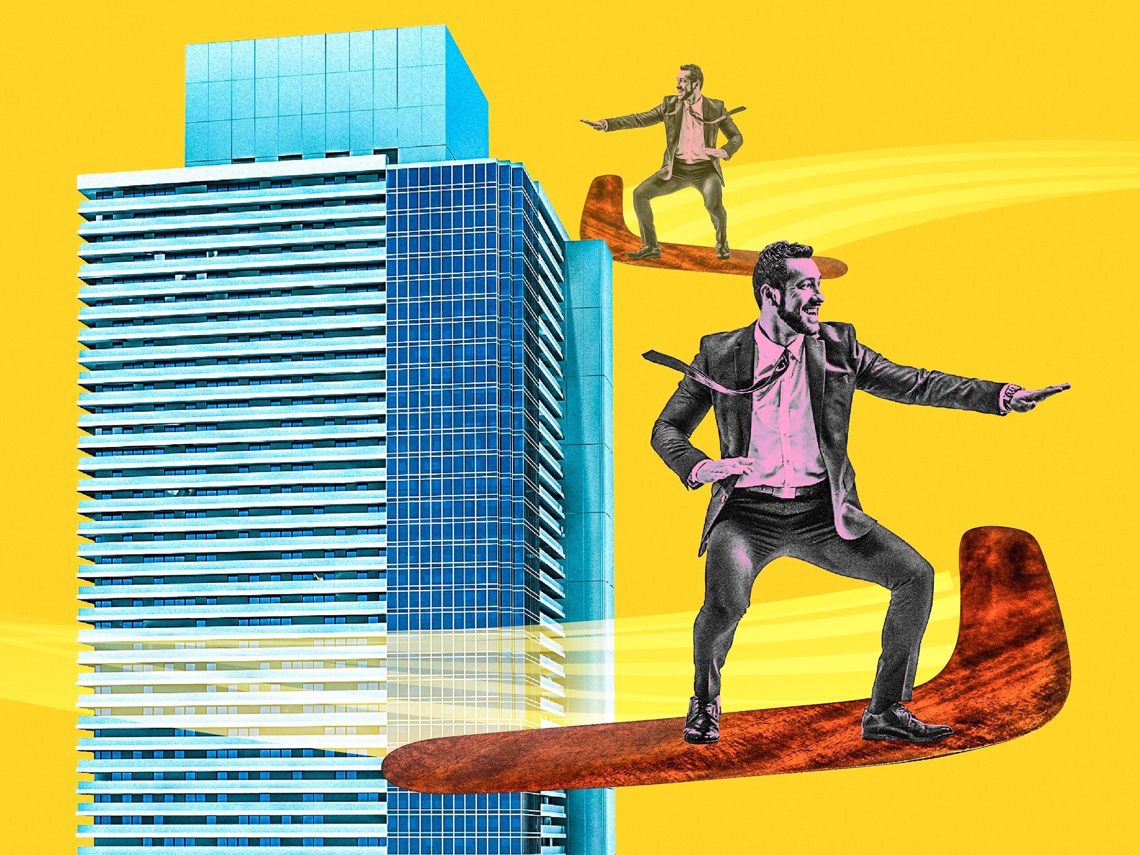 A man on a boomerang flying away from a corporate office building. The same man is flying back to the corporate office building. The background color is yellow.