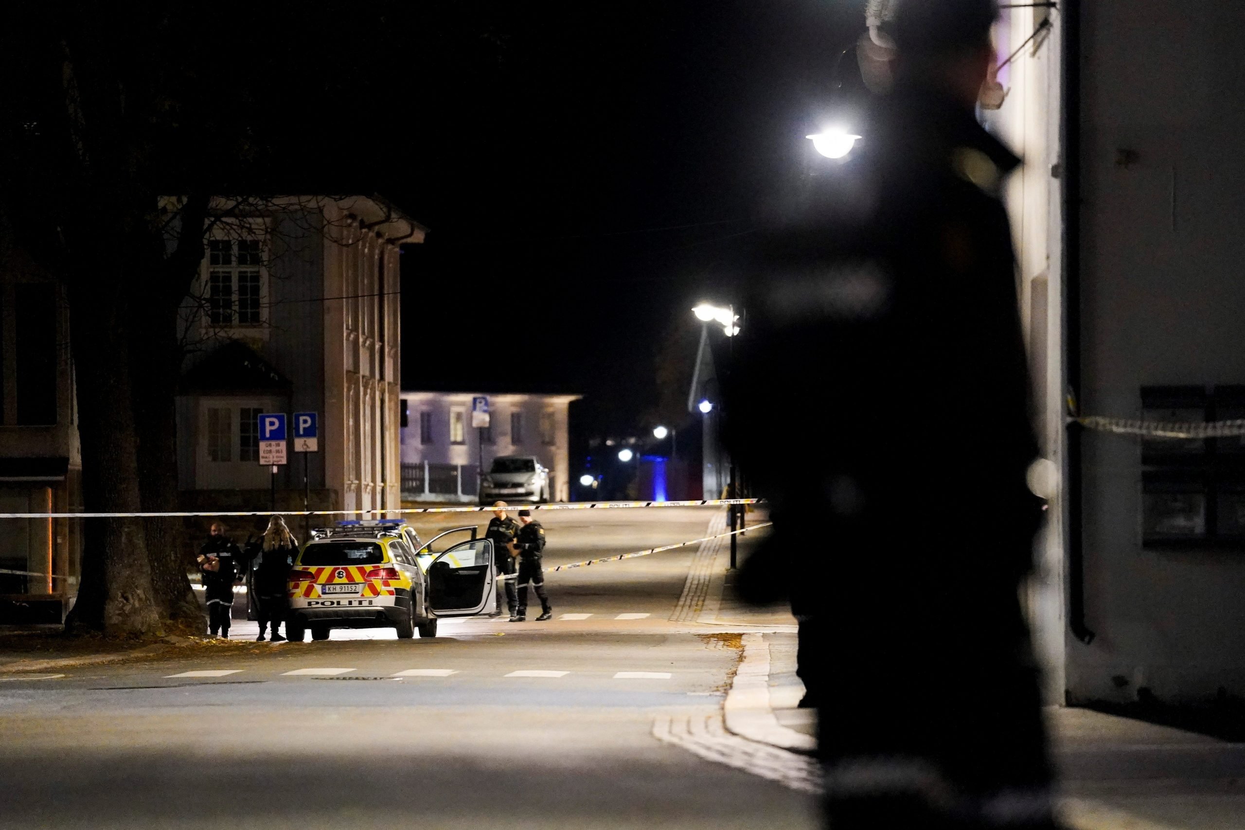 Police officers investigate after several people were killed and others were injured by a man using a bow and arrows to carry out attacks, in Kongsberg, Norway