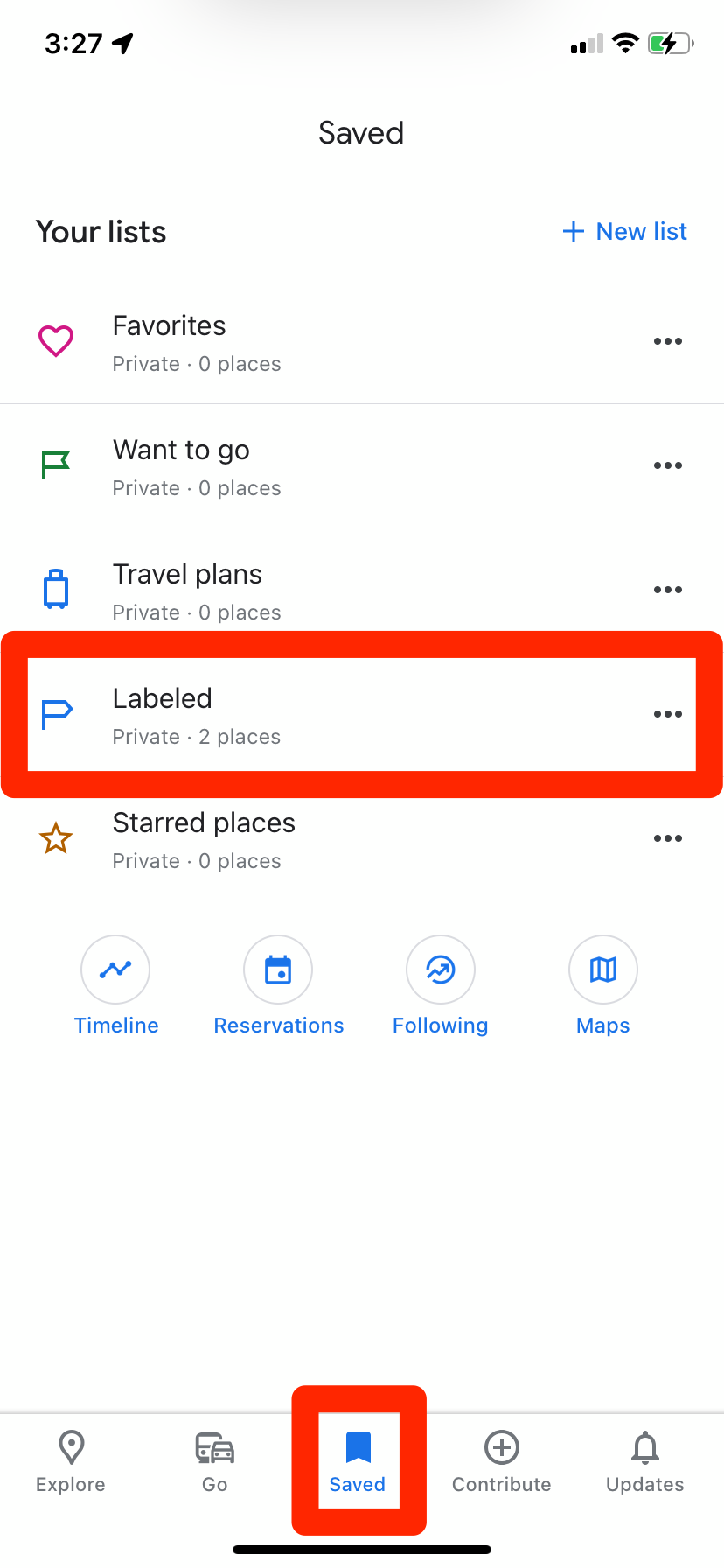 The "Saved" menu in the Google Maps iPhone app.