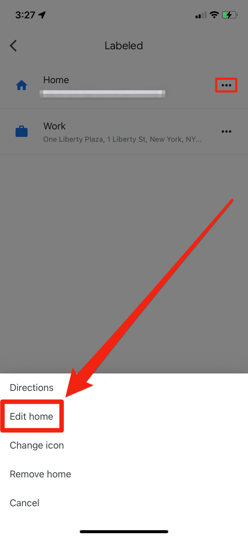 The "Labeled" screen in the Google Maps iPhone app, with the "Edit home" option highlighted.