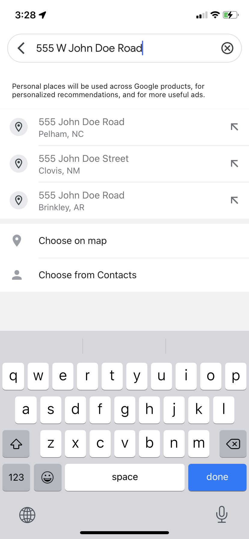 A Google Maps search for "555 W John Doe Road."