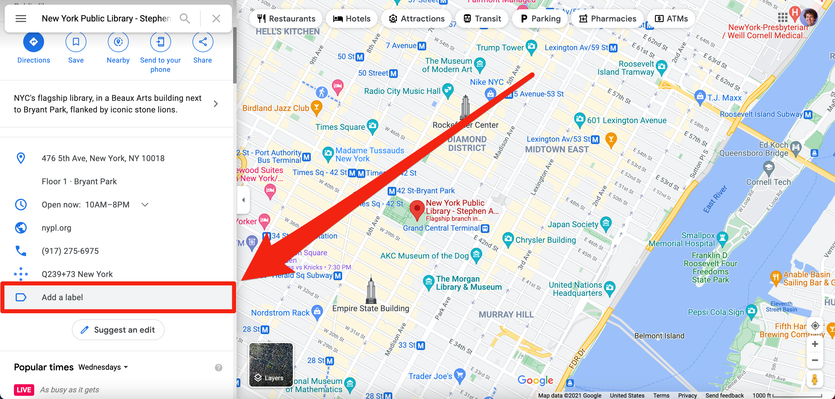 A screenshot from the Google Maps website, showing the "Add a label" option when you select a location.