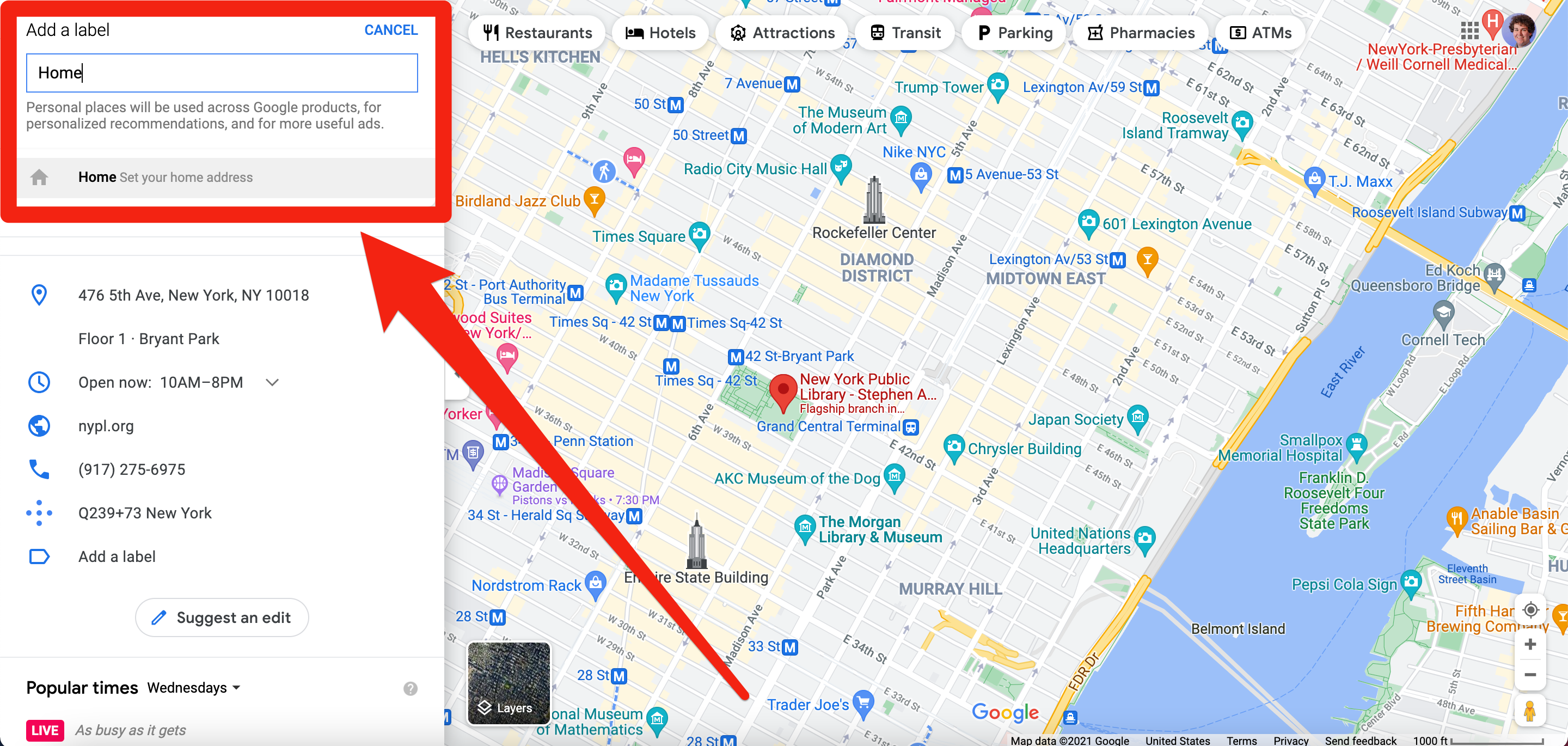 A Google Maps screenshot where the user is labeling a location as "Home."