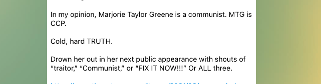 On September 4, Lin Wood wrote on Telegram that Rep. Marjorie Taylor Greene was a "communist."