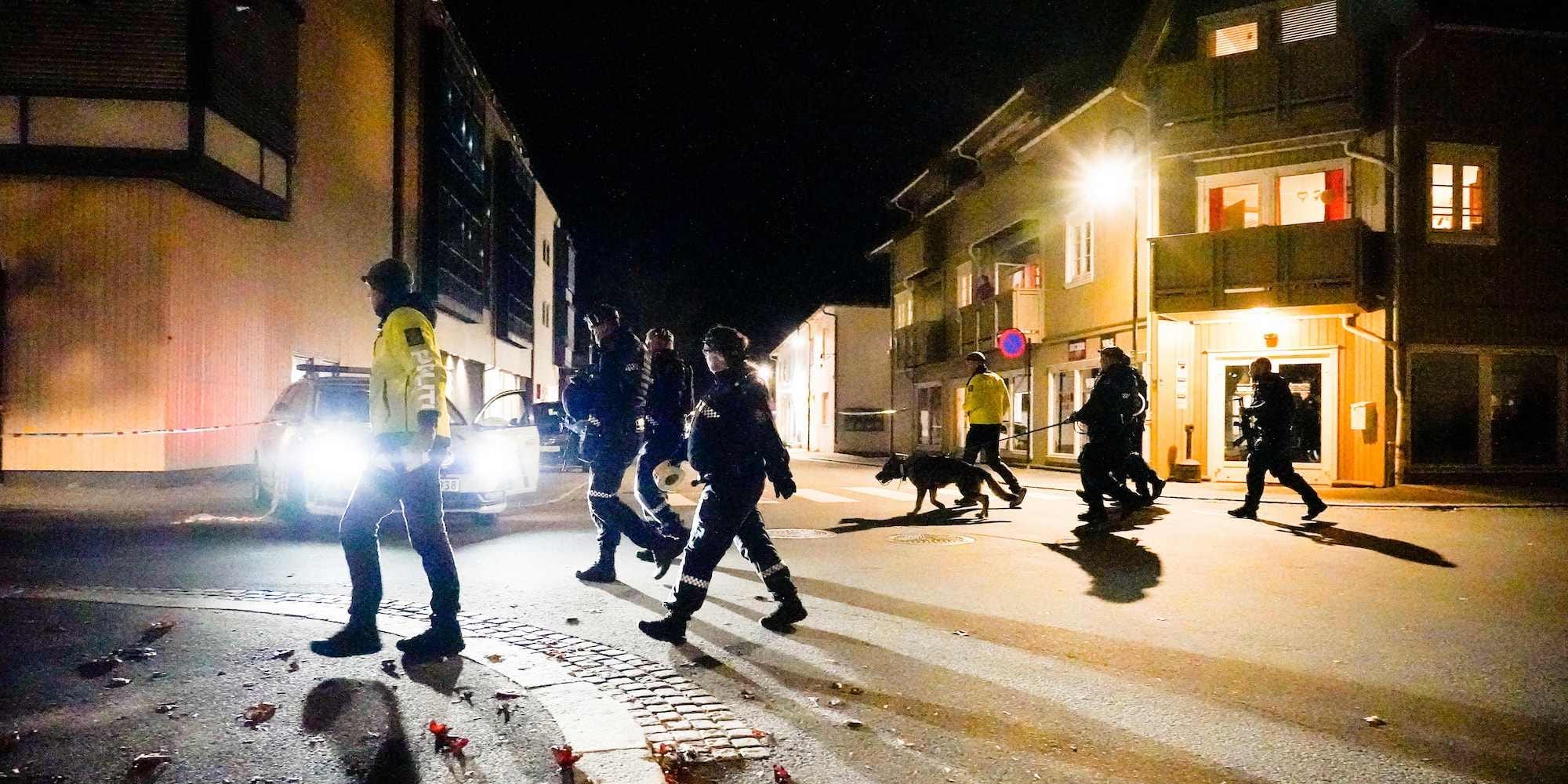 Police officers walk across a road in the dark after the attack