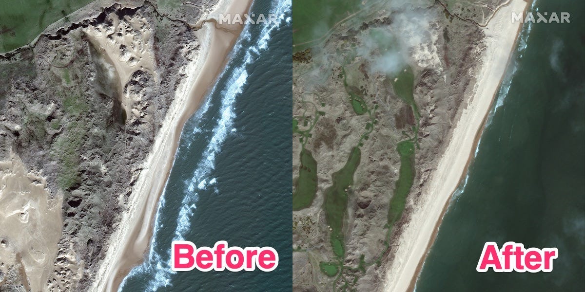 Before-and-after satellite images showing the destruction of sand dunes after Donald Trump's Aberdeenshire golf course was built on them.