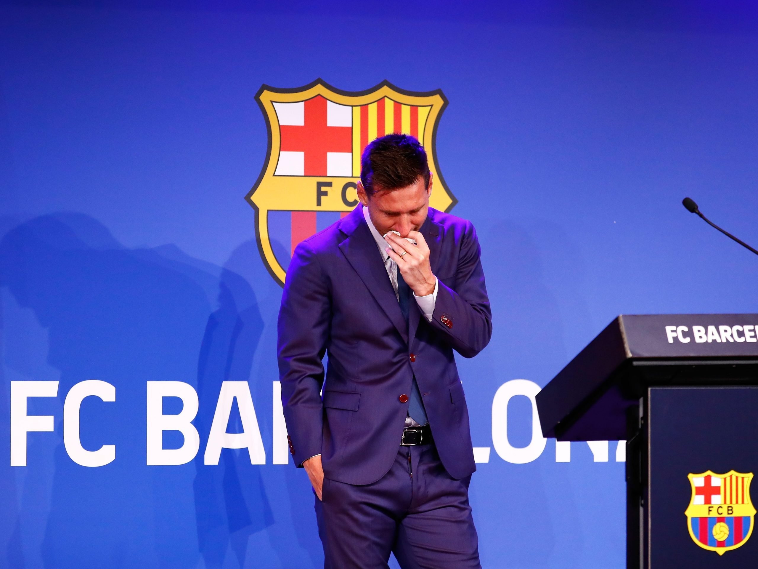 A picture of Lionel Messi at the press conference.