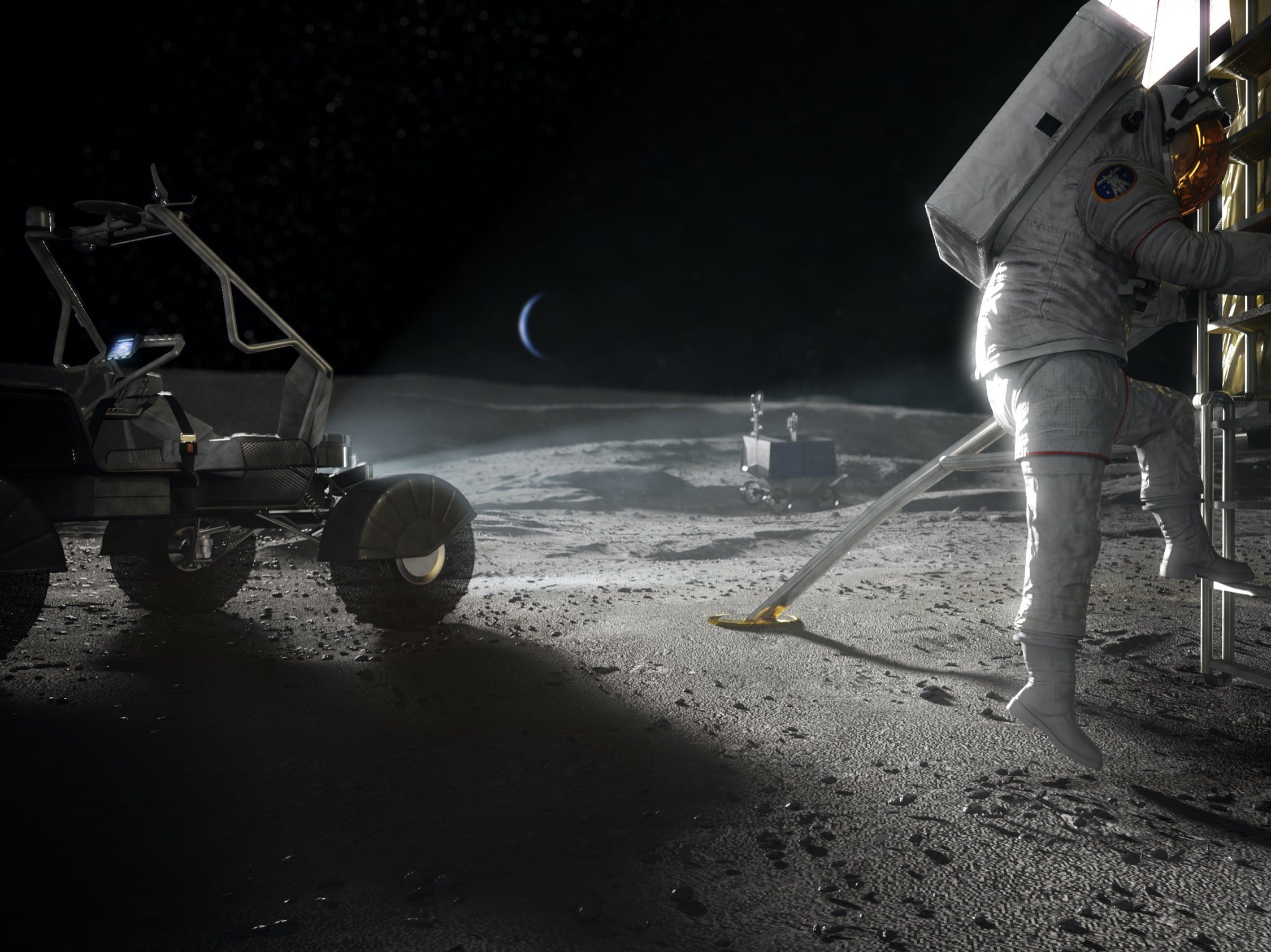 nasa illustration artemis moon lunar surface landing astronaut spacesuit stepping down ladder lander rover hls eva steps apr2020
