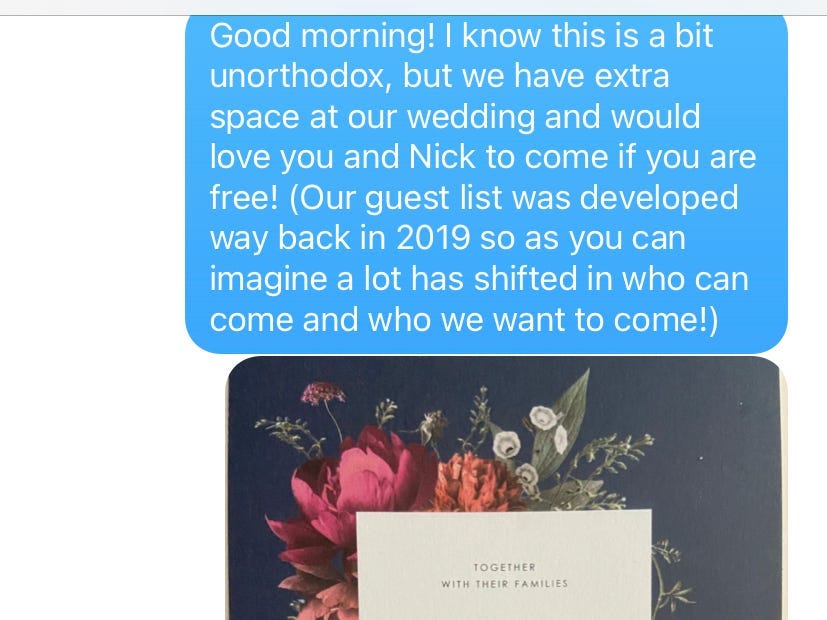 Text screen shot last minute wedding invite