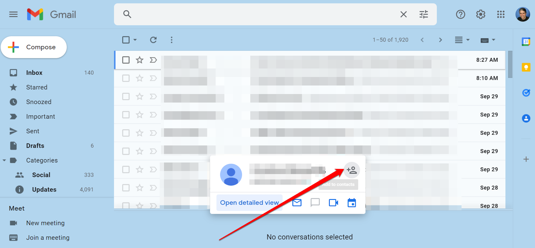 Screenshot of Gmail in a Chrome browser showing the "Add to contacts" button