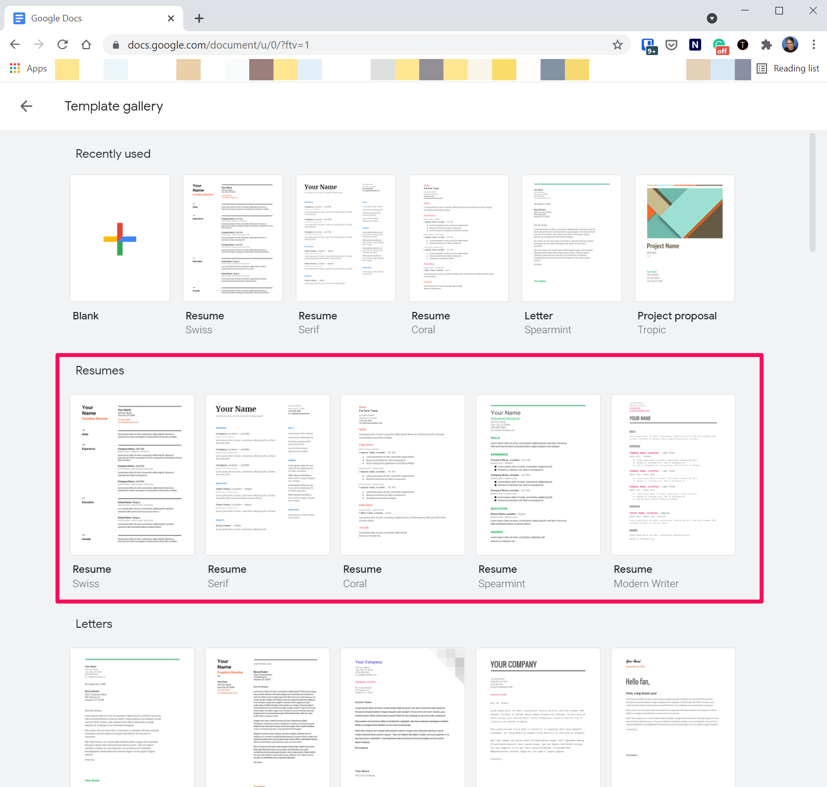 Google Docs homepage in Chrome.