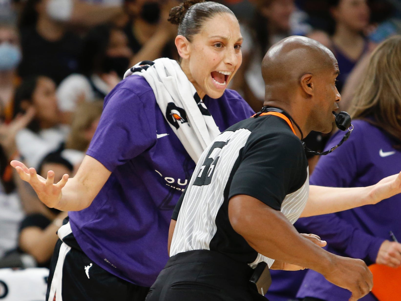 Diana Taurasi yells at a WNBA referee.