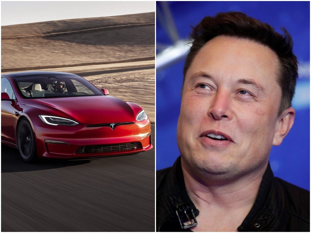 Left, a Tesla Model S Plaid. Right, Tesla CEO Elon Musk