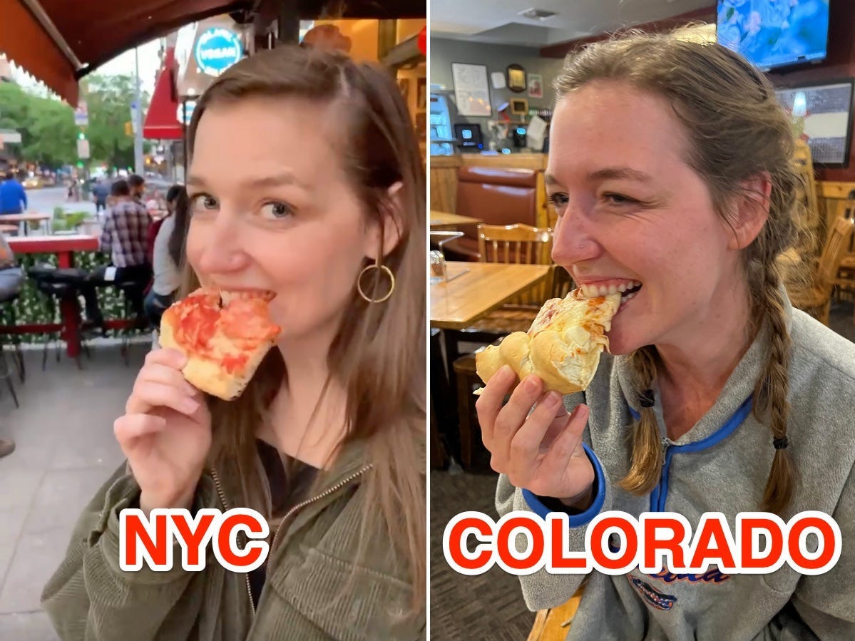 The author eating NYC and Colorado-style pizza.