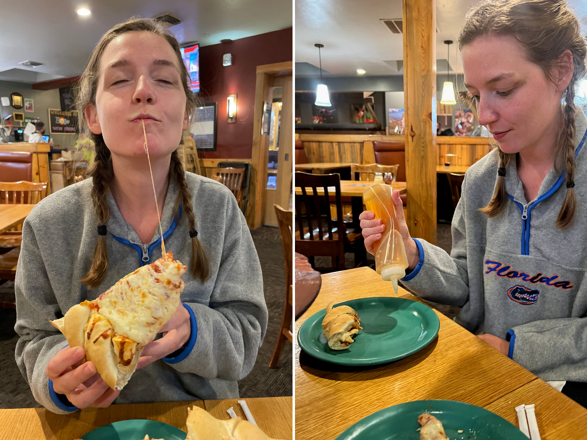 Squeezing honey onto my plate and enjoying the cheesy pizza.