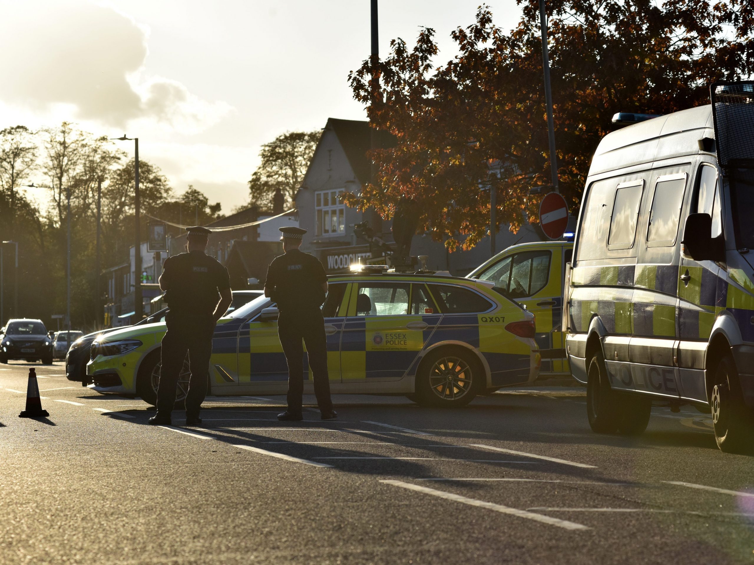 Essex Police block the road the scene near the Belfair Methodist Church following the stabbing of UK Conservative MP Sir David Amess as he met with constituents at a constituency surgery on October 15, 2021 in Leigh-on-Sea, England.