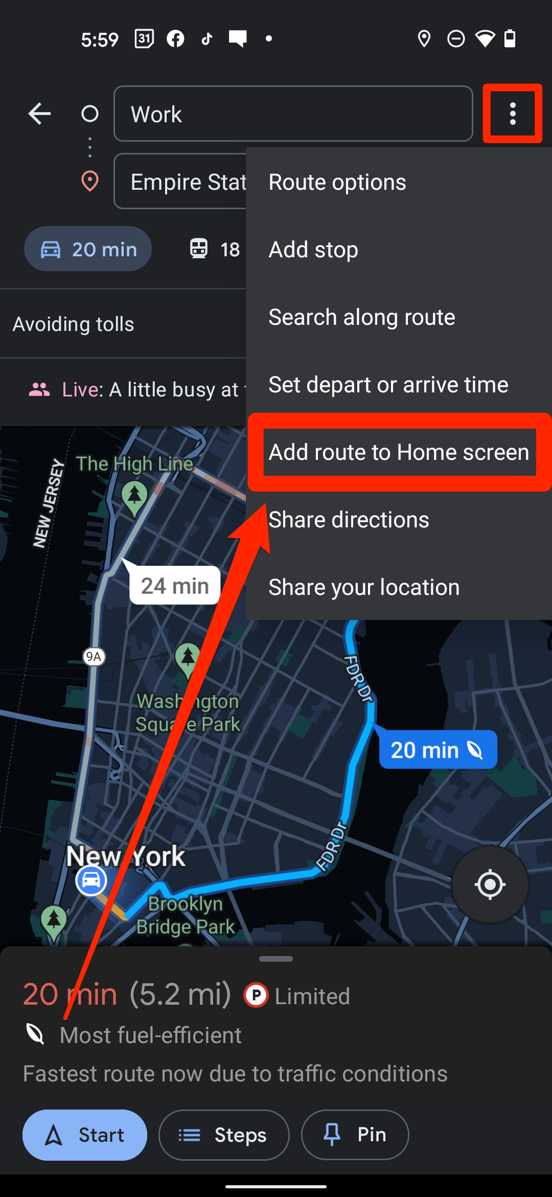 The "Add route to Home screen" option in the Google Maps Android app.