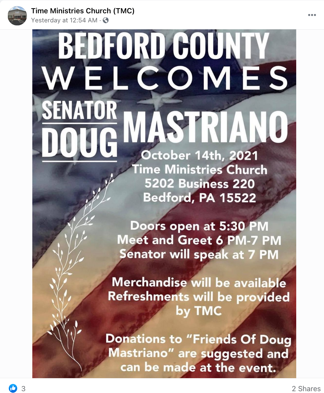 Flyer for event with Doug Mastriano.