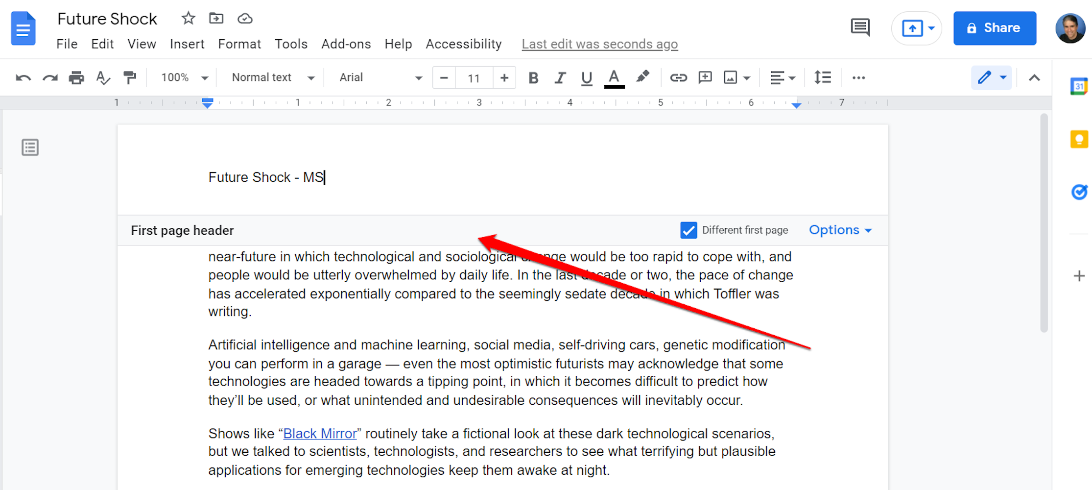 Screenshot of a header in Google Docs