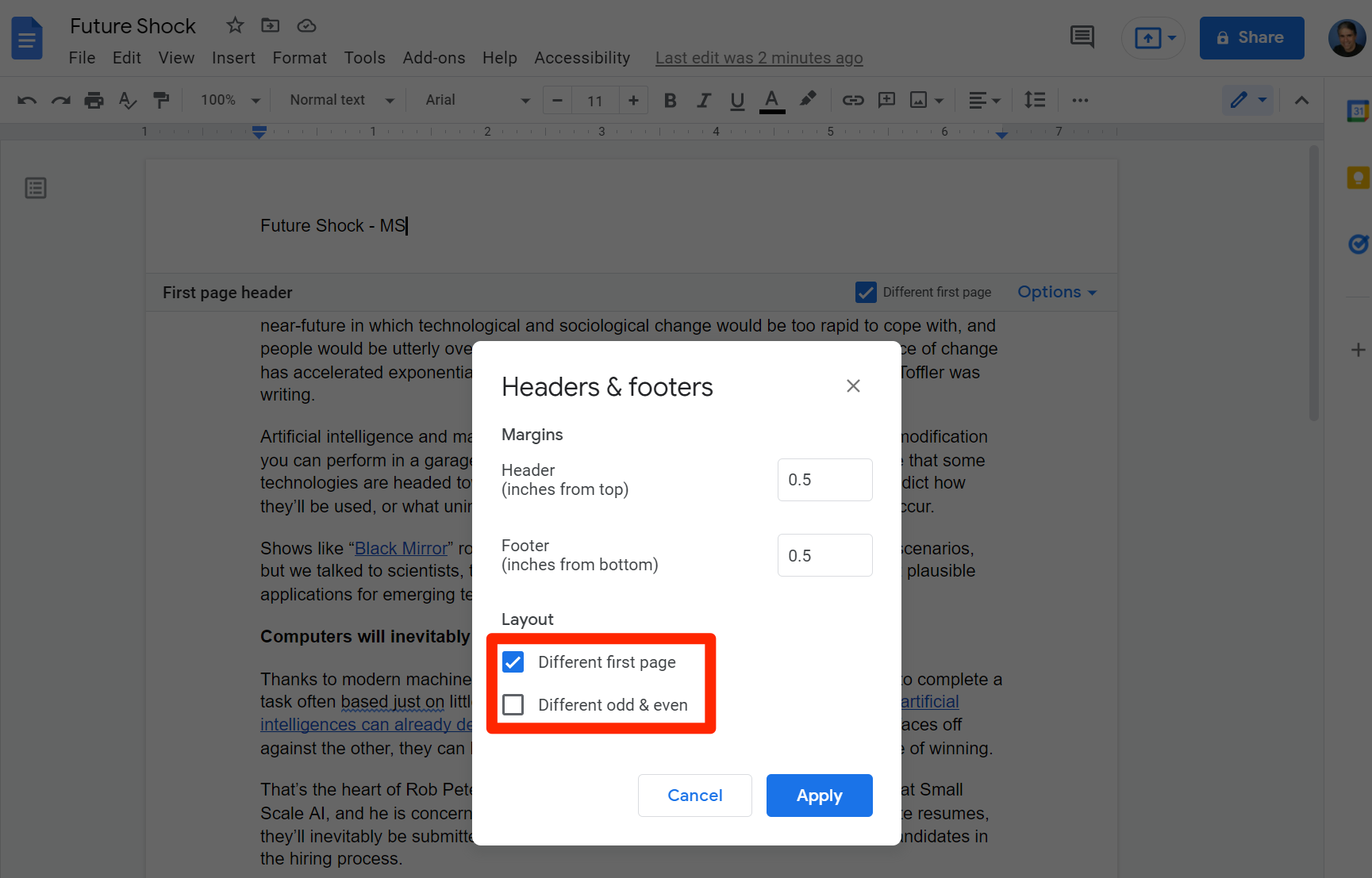 Screenshot of the Google Docs header and footer options