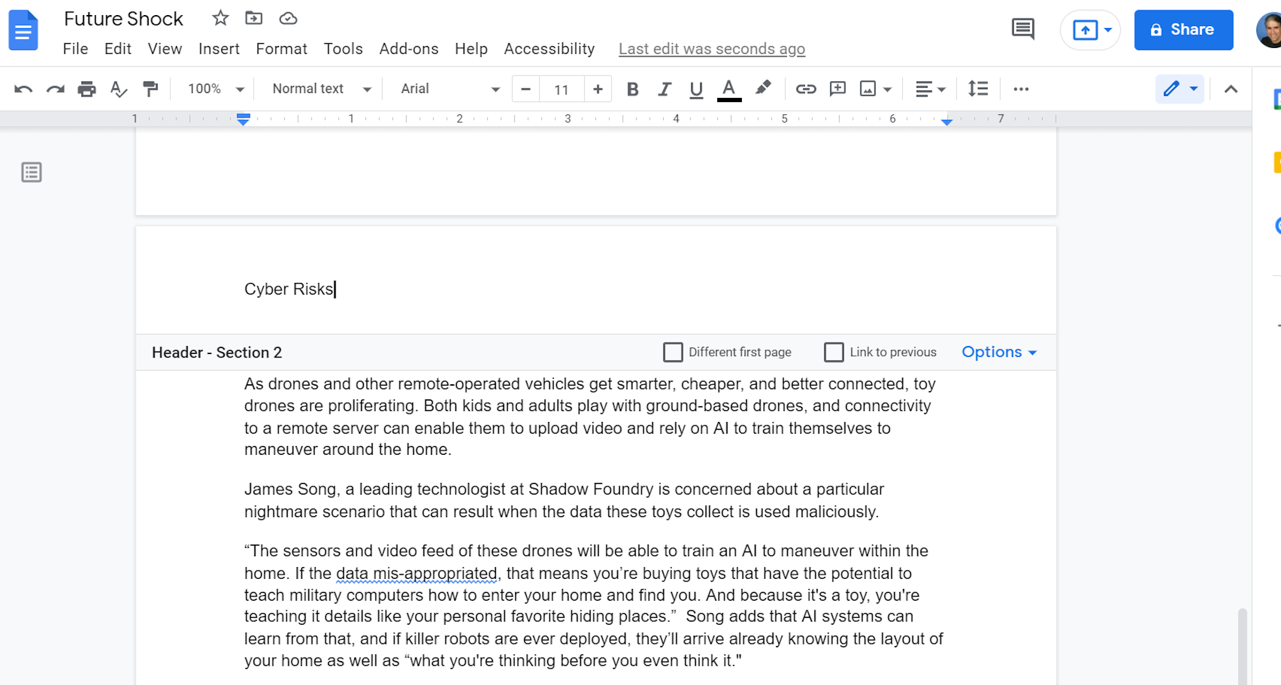 Screenshot of multiple headers in Google Docs