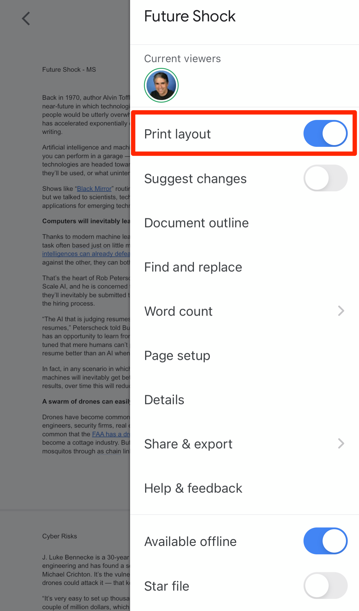 Screenshot of Print Layout button on Google Docs app