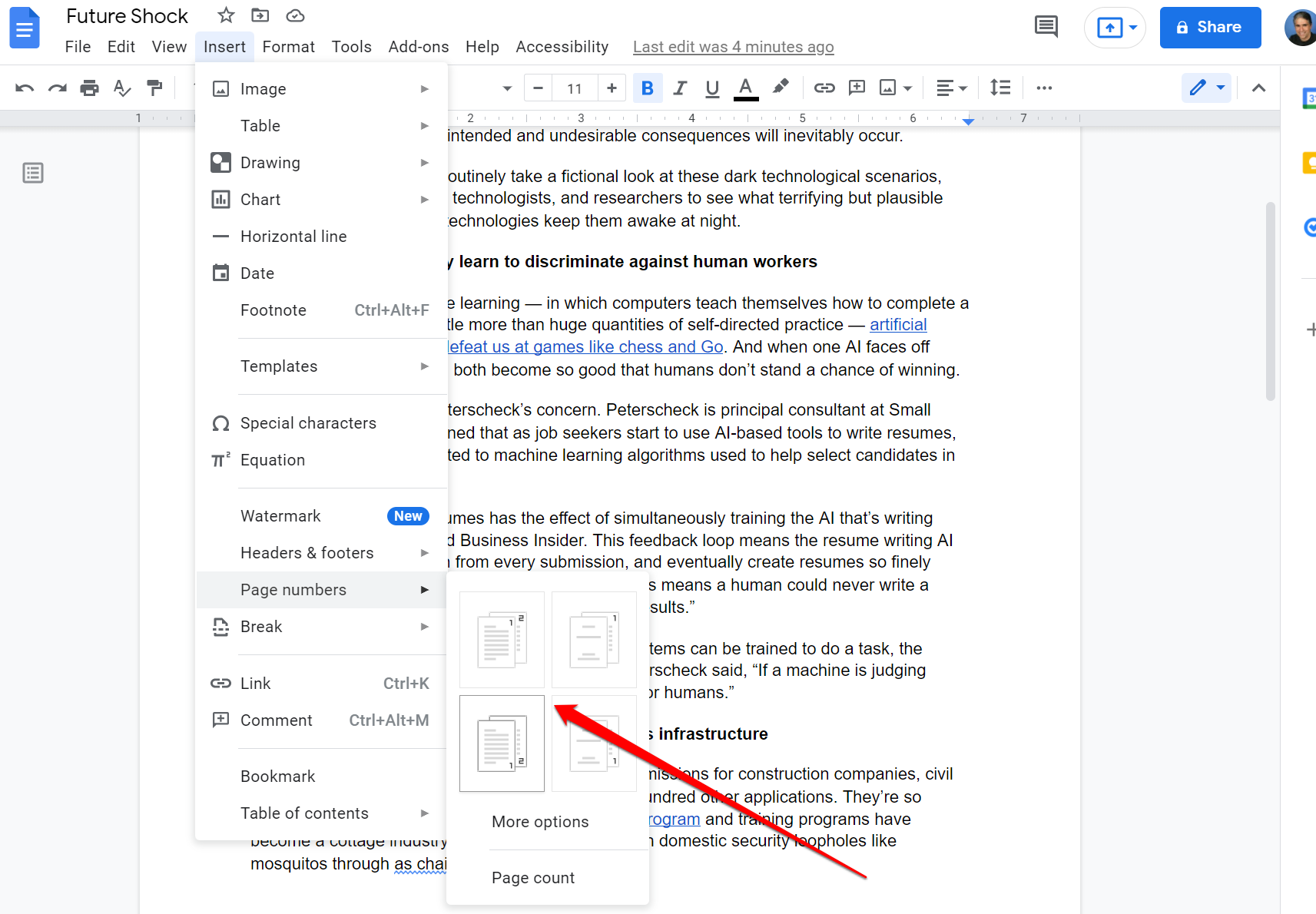 Screenshot of page number menu options in Google Docs