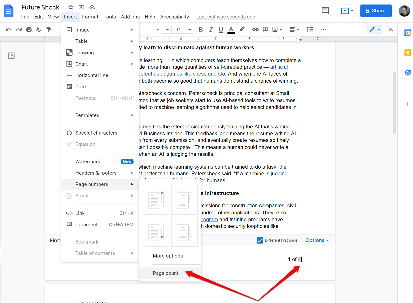 Screenshot of inserting page count in Google Docs