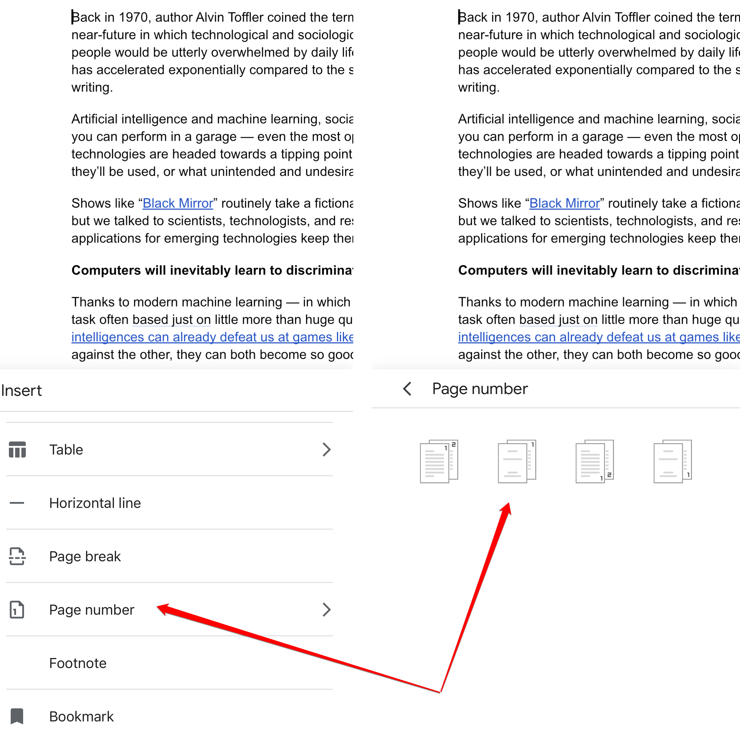 Screenshot of page numbers in the Google Docs app