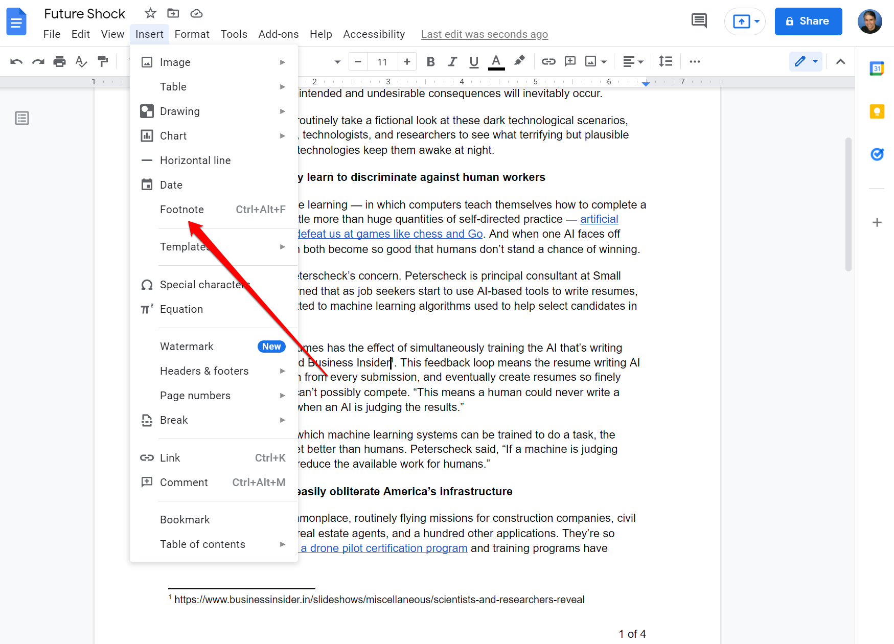 Screenshot of "Insert Footnote" in Google Docs