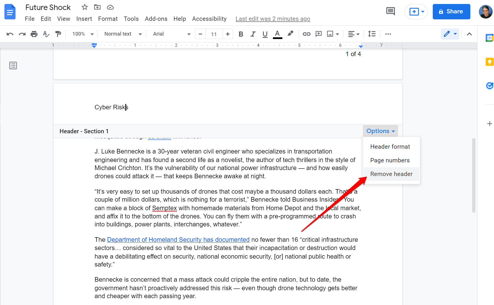 Screenshot of removing a header in Google Docs