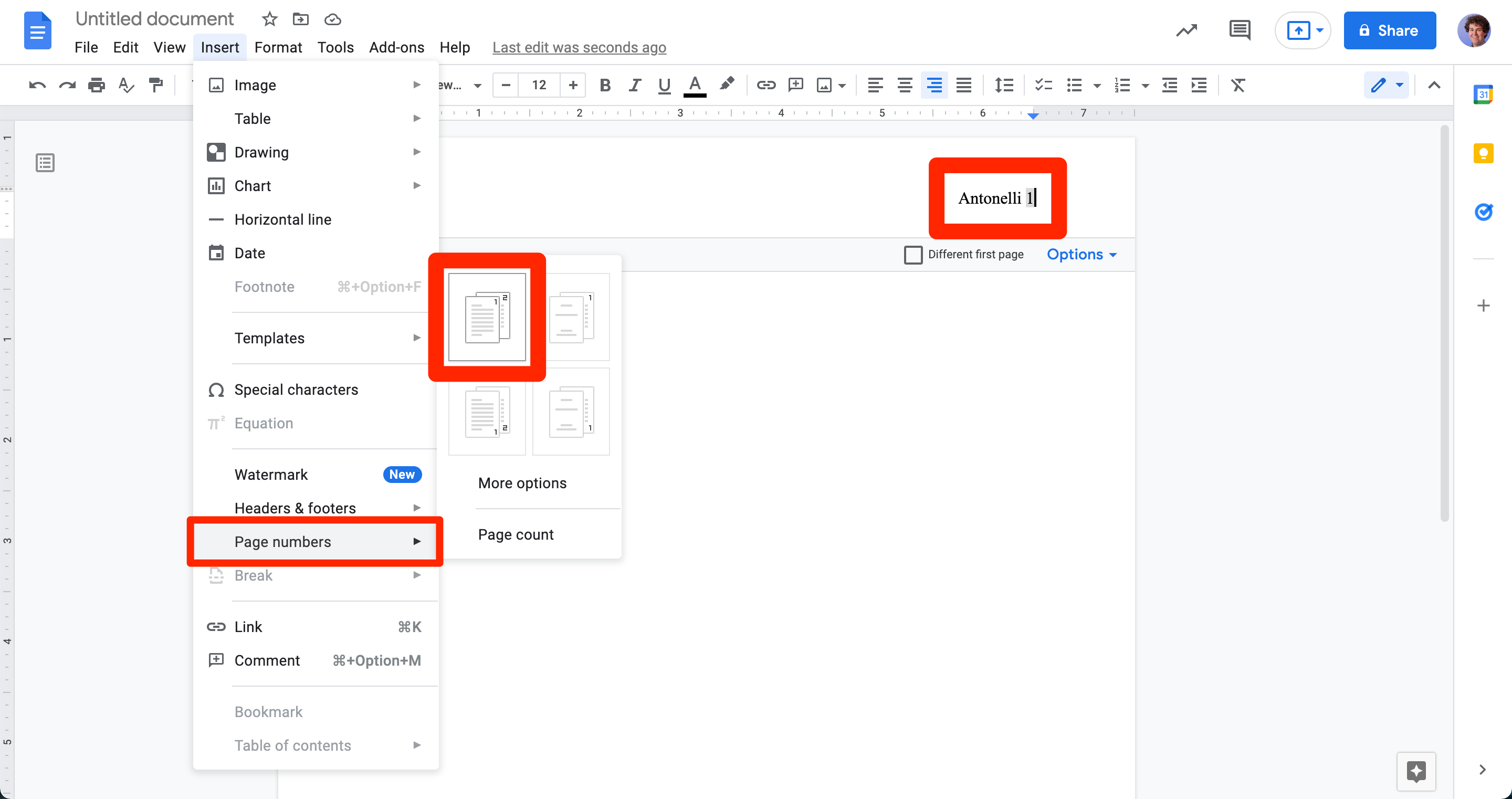 Showing how to place a header in Google Docs.