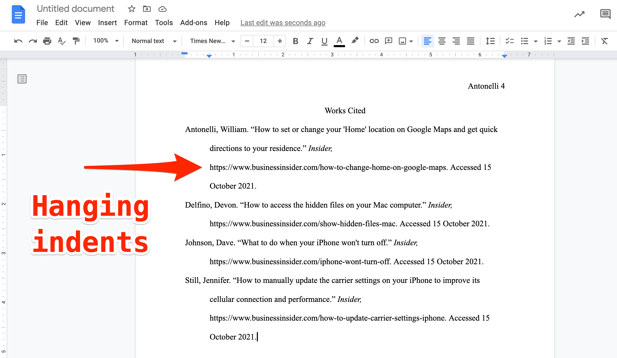 An MLA works cited page in Google Docs.
