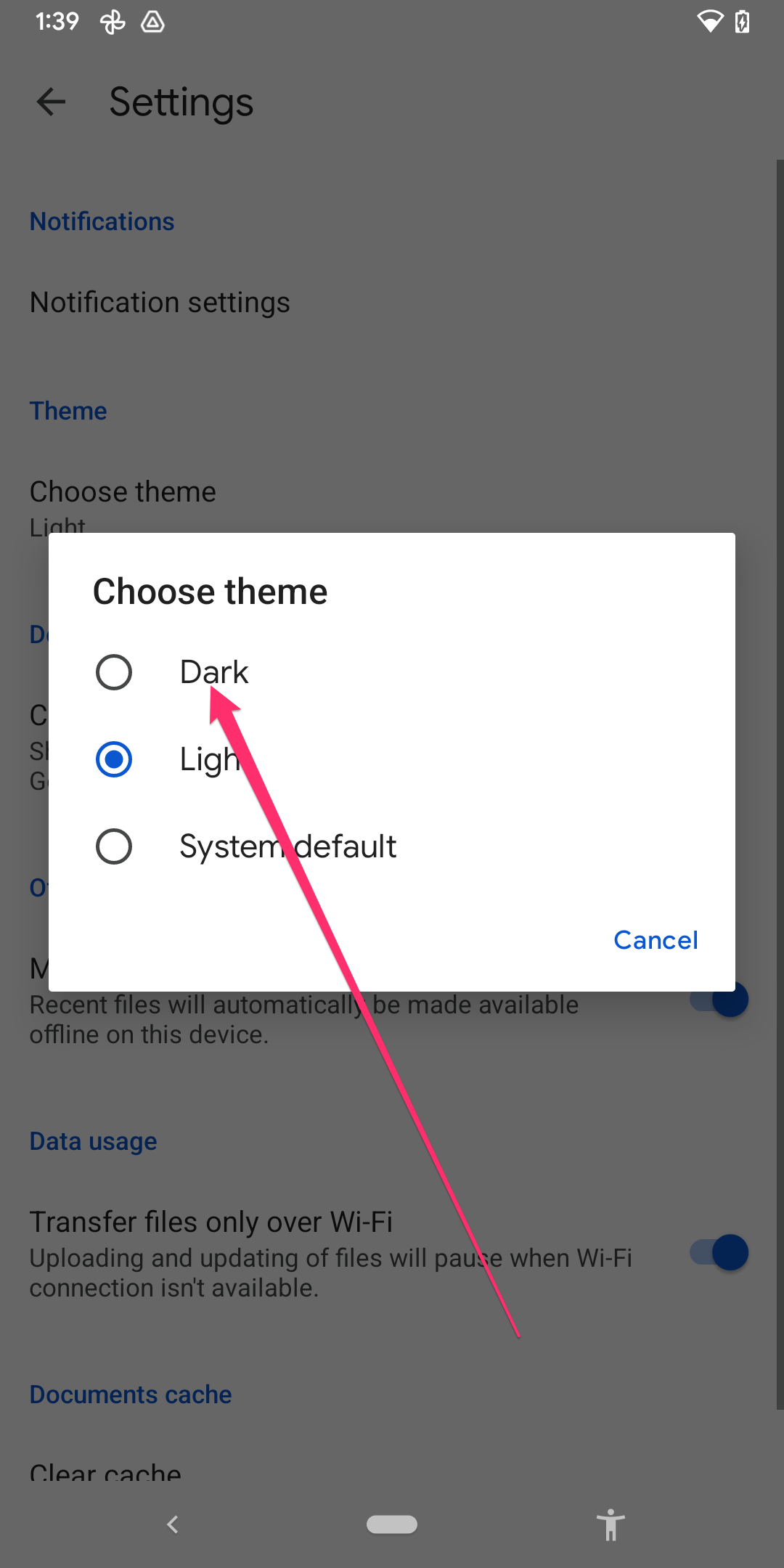 choose theme menu in android google docs app