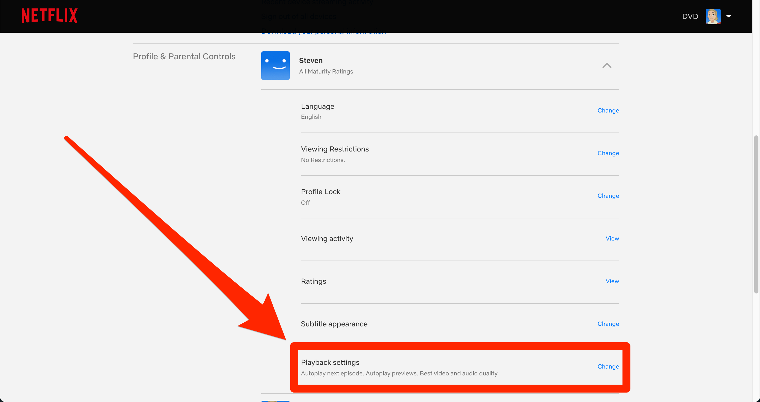 The Netflix account page, with the "Playback settings" option highlighted.