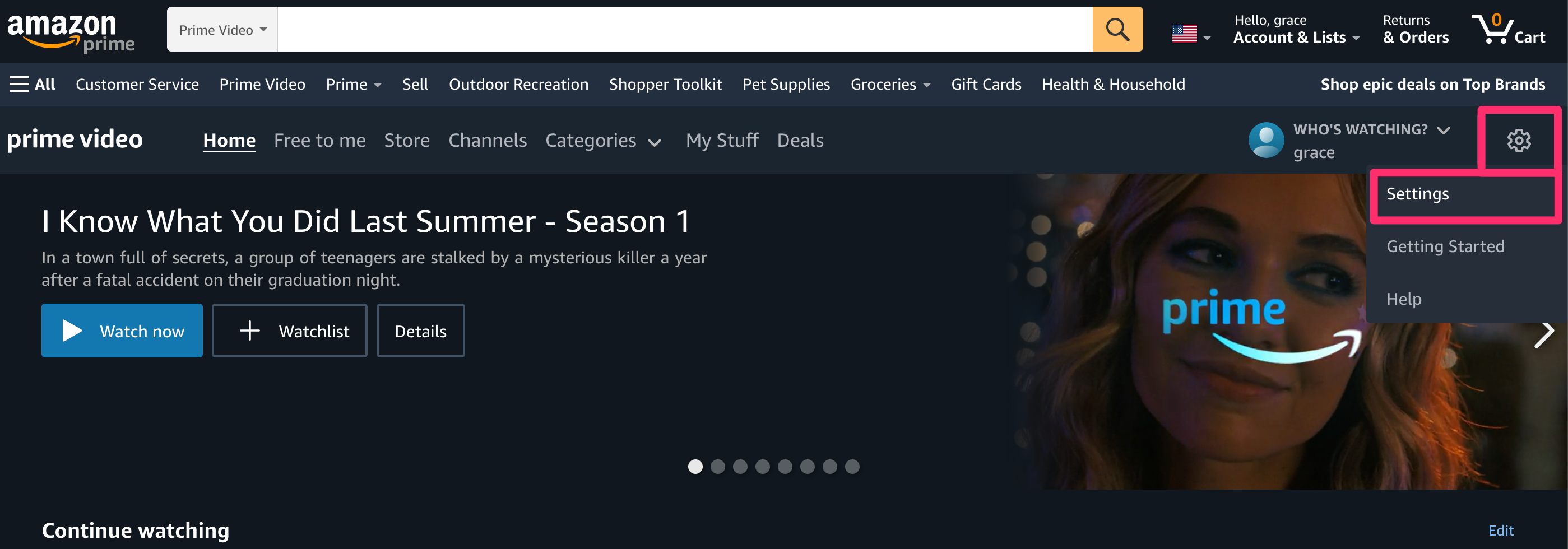 Screenshot of Settings option in Prime Video