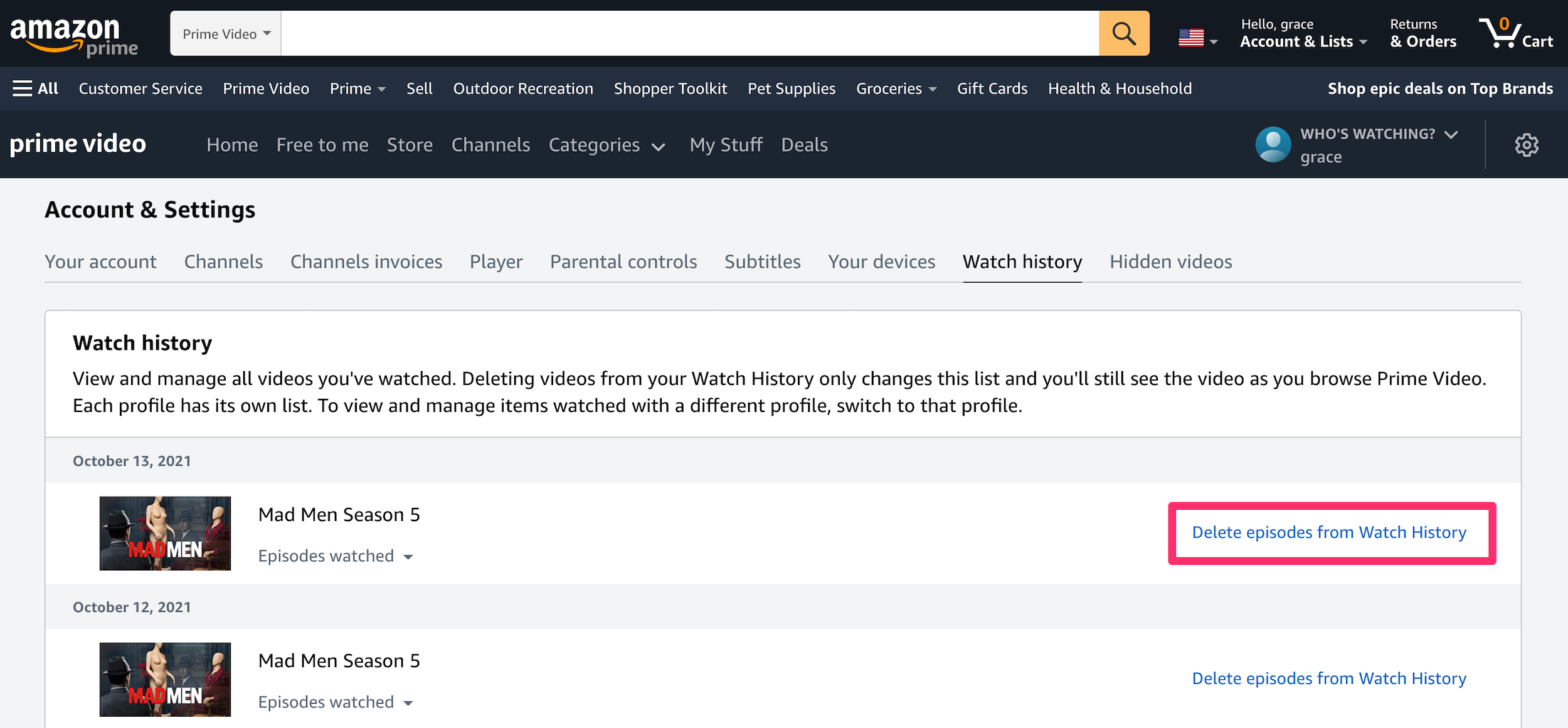Screenshot of watch history page on Prime Video