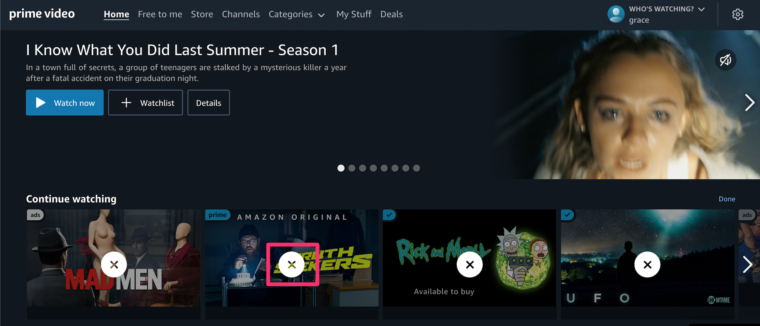 Screenshot of Continue Watching carousel on Prime Video with "X" button highlighted