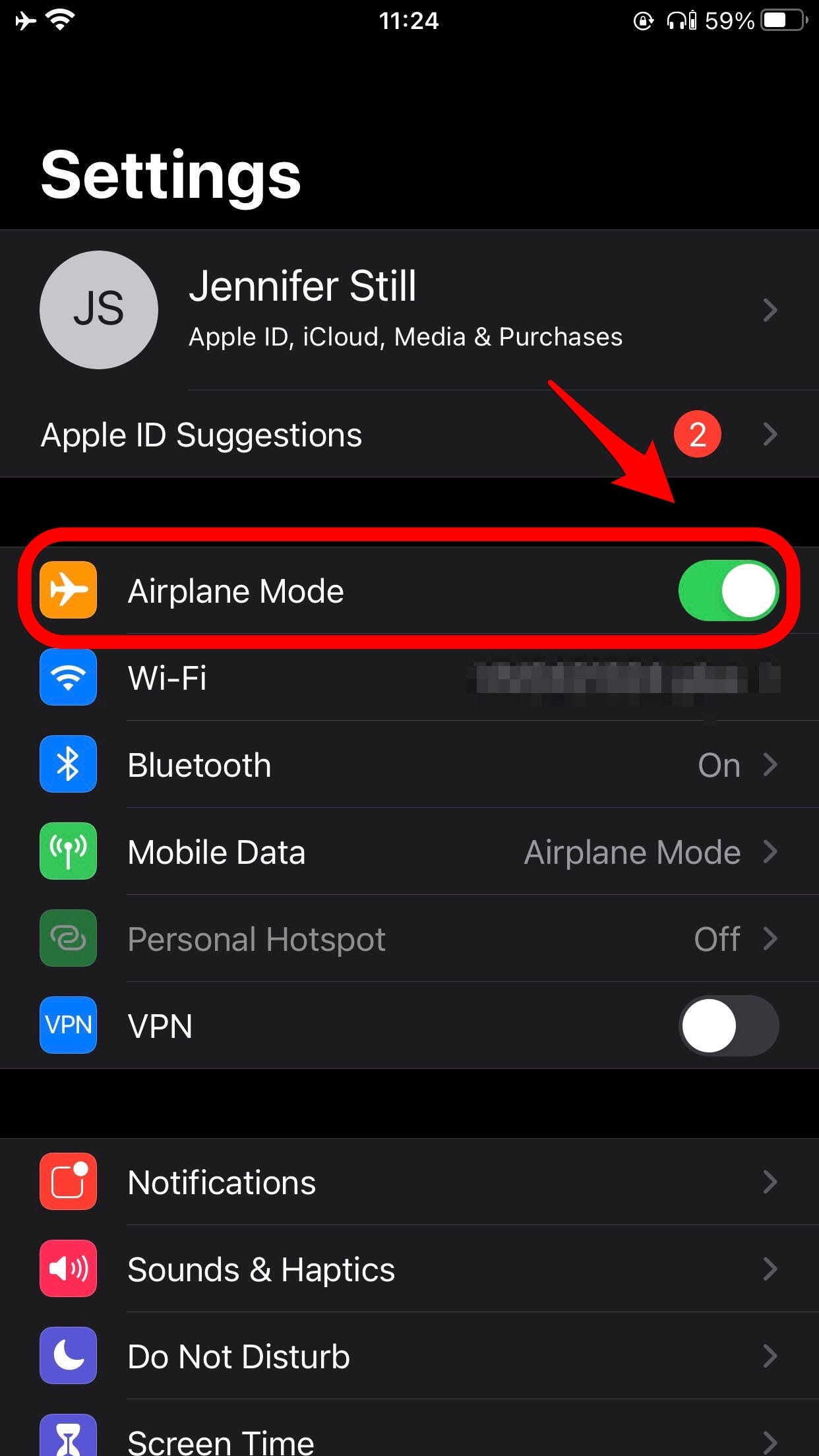 [anonymous-instagram-stories-2.png: An iPhone's settings open with airplane mode enabled.]