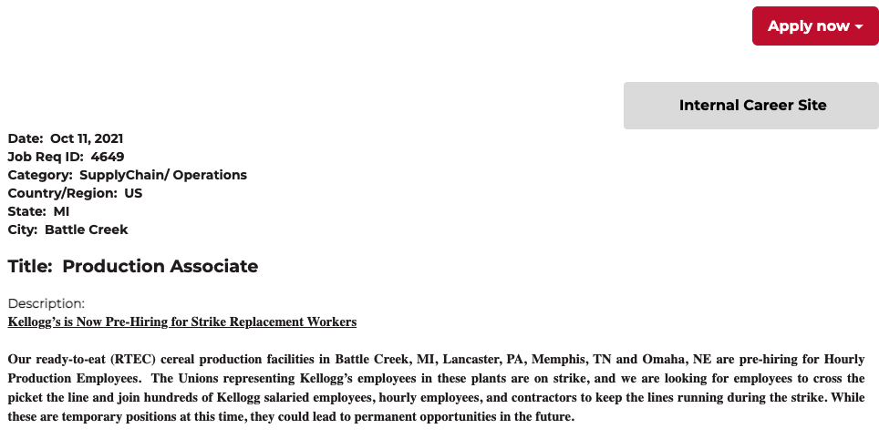 Kellogg's job posting searching for replacements after workers initiate strike for better working conditions.