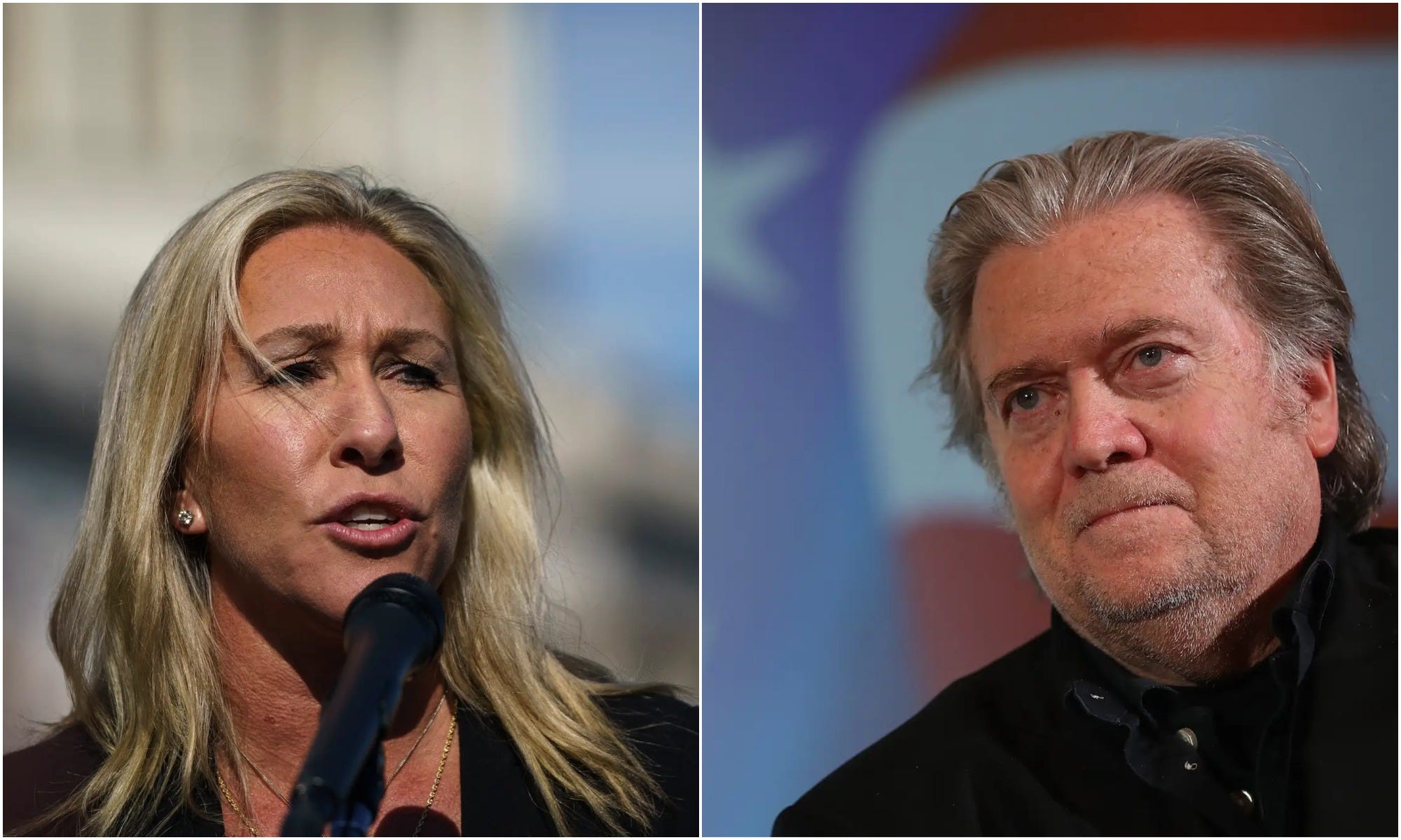 Rep. Marjorie Taylor Greene (L) and Steve Bannon (R).