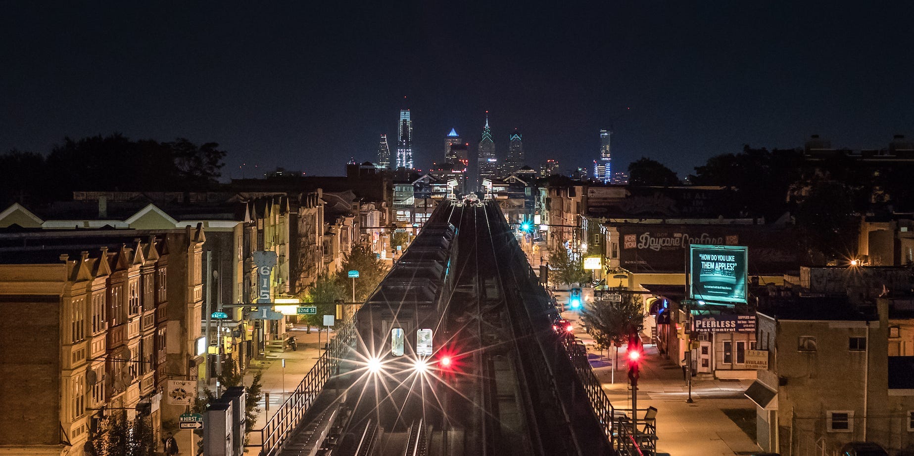 This elevated view shows the Market-Frankford train in Philadelphia's public transit system called SEPTA.