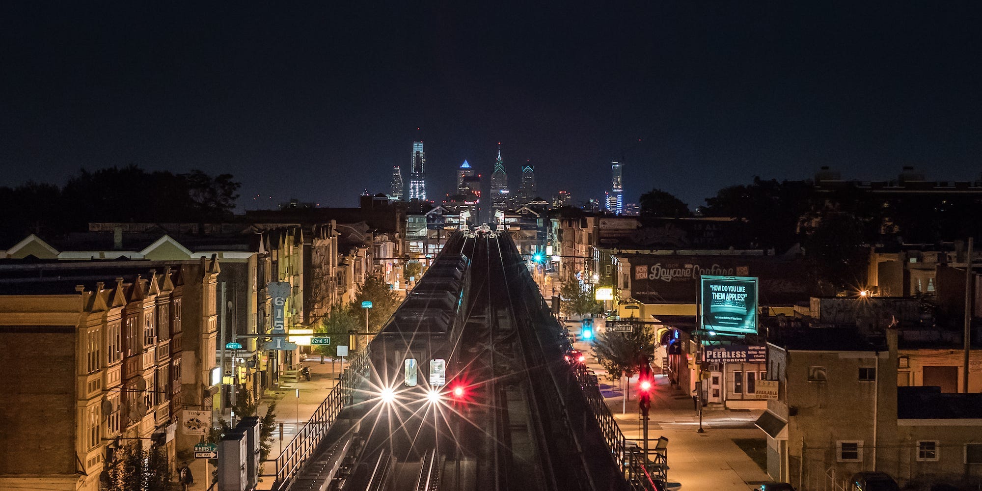 This elevated view shows the Market-Frankford train in Philadelphia's public transit system called SEPTA.