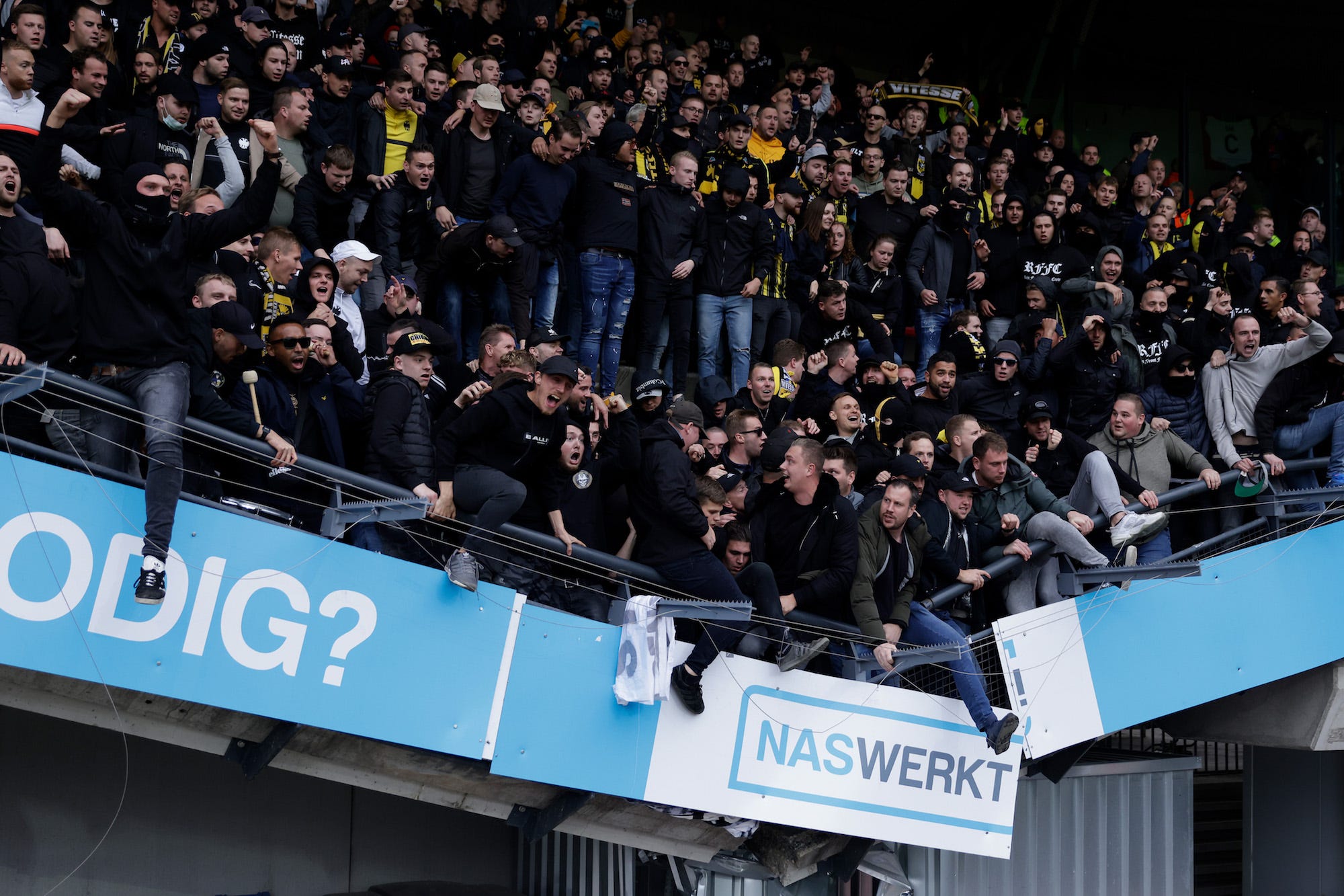 Tribune of Vitesse fans collapse during the Dutch Eredivisie match between NEC Nijmegen v Vitesse at the Goffert Stadium on October 17, 2021 in Nijmegen Netherlands