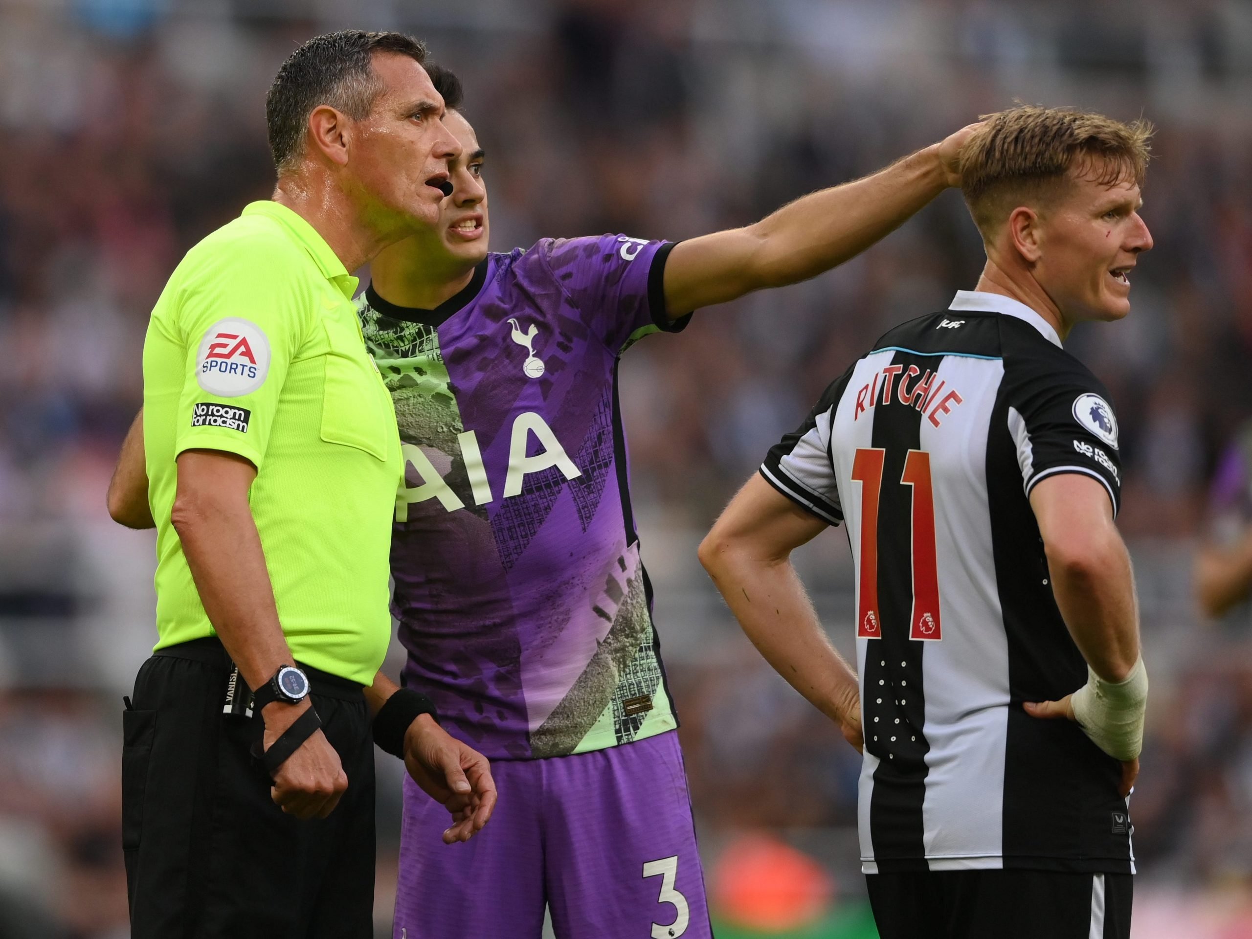 Tottenham's Sergio Reguilon tells referee Andre Mariner about a medical incident.