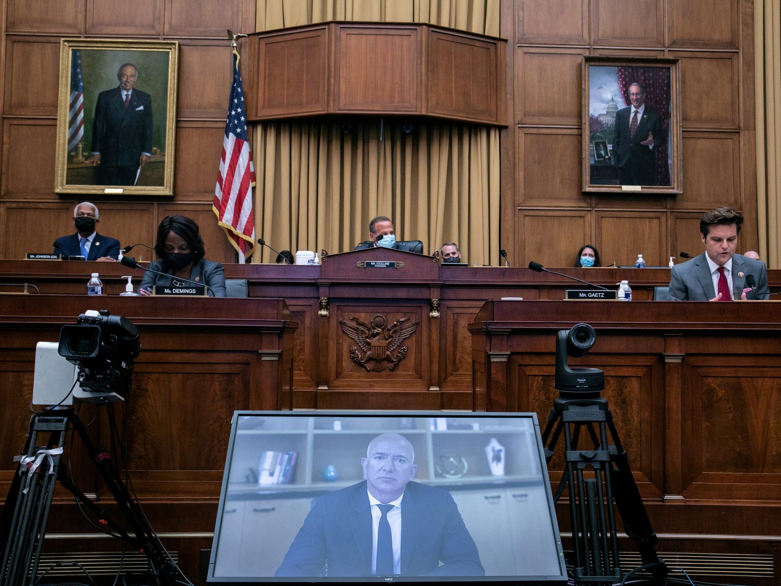 Amazon CEO Jeff Bezos speaks via video conference during a hearing of the House Judiciary Subcommittee on Antitrust, Commercial and Administrative Law on "Online Platforms and Market Power", in the Rayburn House office Building on Capitol Hill, in Washington, U.S., July 29, 2020.