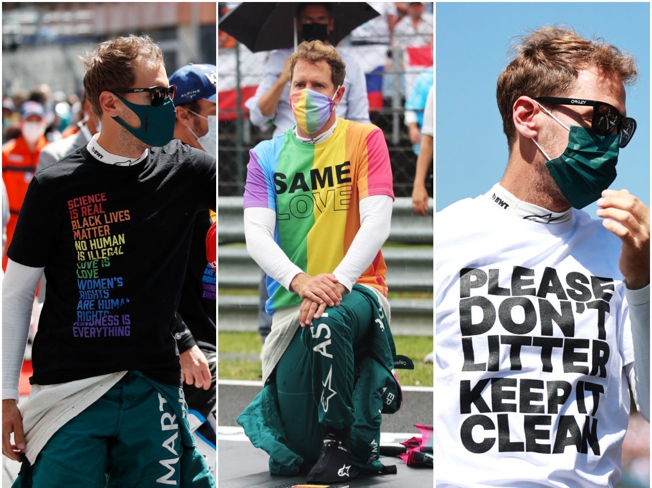 Sebastian Vettel wearing various shirts promoting causes.
